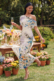 Zwarte tule eenschouder bodycon geprinte bloemen maxi jurk