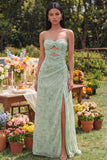 Strapless uitgesneden stoffige salie bloemen maxijurk met split