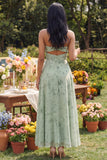 Strapless Dusty Sage A Line Maxi Bloemenjurk met uitsnede