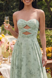 Strapless Dusty Sage A Line Maxi Bloemenjurk met uitsnede