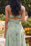 Strapless Dusty Sage A Line Maxi Bloemenjurk met uitsnede