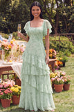 Stoffy Salie Bloemen Vierkante Hals, Flutter Mouw A Line Ritme Maxi Jurk
