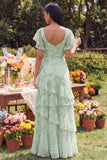 Stoffy Salie Bloemen Vierkante Hals, Flutter Mouw A Line Ritme Maxi Jurk