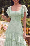 Stoffy Salie Bloemen Vierkante Hals, Flutter Mouw A Line Ritme Maxi Jurk