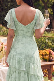 Stoffy Salie Bloemen Vierkante Hals, Flutter Mouw A Line Ritme Maxi Jurk