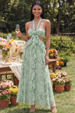 Halter Cut Out Stoffige Salie Bloemenjurk A-lijn Maxi jurk