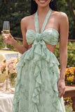 Halter Cut Out Stoffige Salie Bloemenjurk A-lijn Maxi jurk