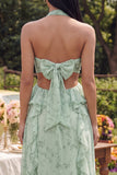 Halter Cut Out Stoffige Salie Bloemenjurk A-lijn Maxi jurk