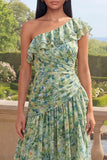 Eén schouder stoffige groene ruches A-lijn asymmetrische maxi bloemenjurk