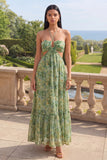 Halter Cut Stoffige Groene Bloemen A-lijn Maxi jurk