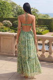 Halter Cut Stoffige Groene Bloemen A-lijn Maxi jurk