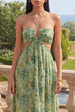 Halter Cut Stoffige Groene Bloemen A-lijn Maxi jurk