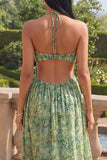 Halter Cut Stoffige Groene Bloemen A-lijn Maxi jurk