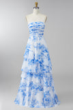 Witblauwe bloemen strapless A-lijn gerimpelde maxijurk
