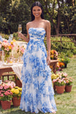 Witblauwe bloemen strapless A-lijn gerimpelde maxijurk