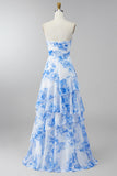 Witblauwe bloemen strapless A-lijn gerimpelde maxijurk