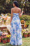 Witblauwe bloemen strapless A-lijn gerimpelde maxijurk