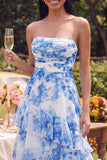 Witblauwe bloemen strapless A-lijn gerimpelde maxijurk