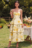 Strapless gele bloemenjurk met A-lijn gelaagde midi-jurk