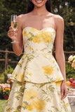 Strapless gele bloemenjurk met A-lijn gelaagde midi-jurk