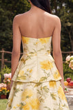 Strapless gele bloemenjurk met A-lijn gelaagde midi-jurk