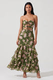 Donkergroene, bloemen strapless zeemeermin met ruches Maxi jurk