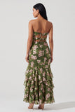 Donkergroene, bloemen strapless zeemeermin met ruches Maxi jurk