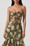 Donkergroene, bloemen strapless zeemeermin met ruches Maxi jurk