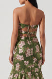 Donkergroene, bloemen strapless zeemeermin met ruches Maxi jurk