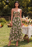 Donkergroene, bloemen strapless zeemeermin met ruches Maxi jurk