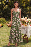 Donkergroene bloemen spaghetti bandjes met een omhulsel met gerimpelde maxi jurk