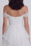 Off-the-shoulder korset A-lijn tule kleine witte jurk