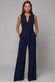 Marineblauw V-hals mouwloos formeel jumpsuit met riem