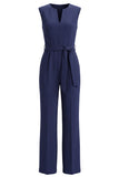 Marineblauw V-hals mouwloos formeel jumpsuit met riem