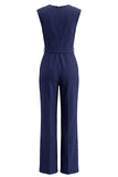 Marineblauw V-hals mouwloos formeel jumpsuit met riem