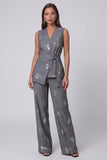Donkergrijze V-hals tweedelige pailletten werkpakken met riem