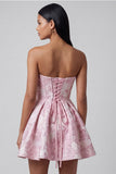 A-lijn roze Jacquard Sweetheart Mini Homecoming-jurk met ruches en strik