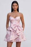 A-lijn roze Jacquard Sweetheart Mini Homecoming-jurk met ruches en strik