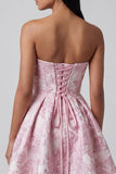 A-lijn roze Jacquard Sweetheart Mini Homecoming-jurk met ruches en strik
