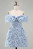 Off-the-shoulder blauwe Jacquard A-lijn mini homecomingjurk met strik