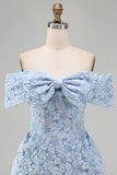 Off-the-shoulder blauwe Jacquard A-lijn mini homecomingjurk met strik