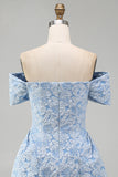 Off-the-shoulder blauwe Jacquard A-lijn mini homecomingjurk met strik