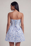 A-lijn blauwe Jacquard mini homecomingjurk met strik zonder schouder