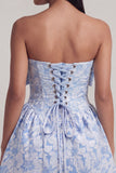 A-lijn blauwe Jacquard mini homecomingjurk met strik zonder schouder
