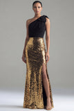 Glinsterende zwarte en gouden eenschouder schede pailletten strik lange formele jurk met split