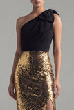 Glinsterende zwarte en gouden eenschouder schede pailletten strik lange formele jurk met split