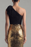 Glinsterende zwarte en gouden eenschouder schede pailletten strik lange formele jurk met split