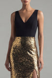 Fonkelende zwarte en gouden pailletten V-hals zeemeermin lange formele jurk met split