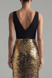 Fonkelende zwarte en gouden pailletten V-hals zeemeermin lange formele jurk met split
