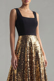 Glinsterende A-lijn zwarte en gouden pailletten vierkante hals lange formele jurk